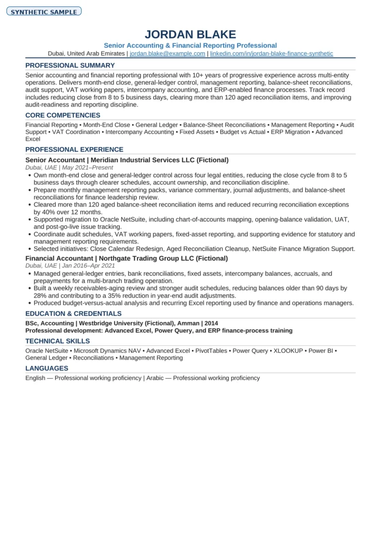 Synthetic CareerLucid Master CV sample for fictional candidate Jordan Blake.