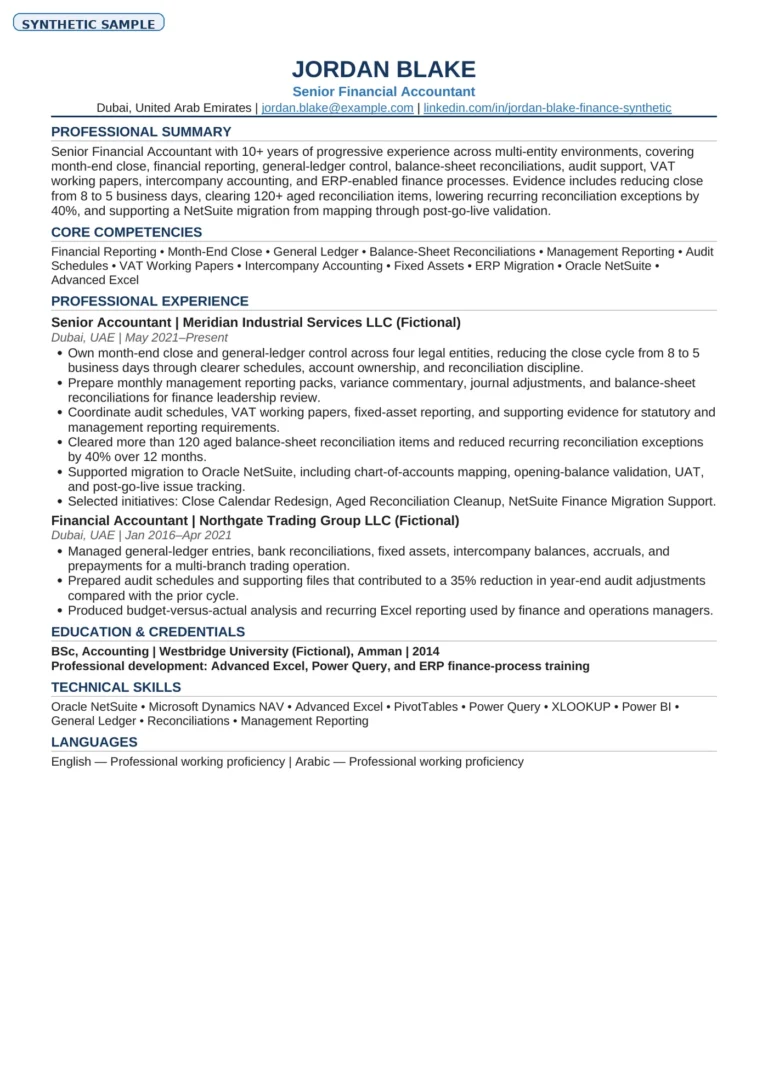 Synthetic CareerLucid Targeted CV sample for a Senior Financial Accountant role.